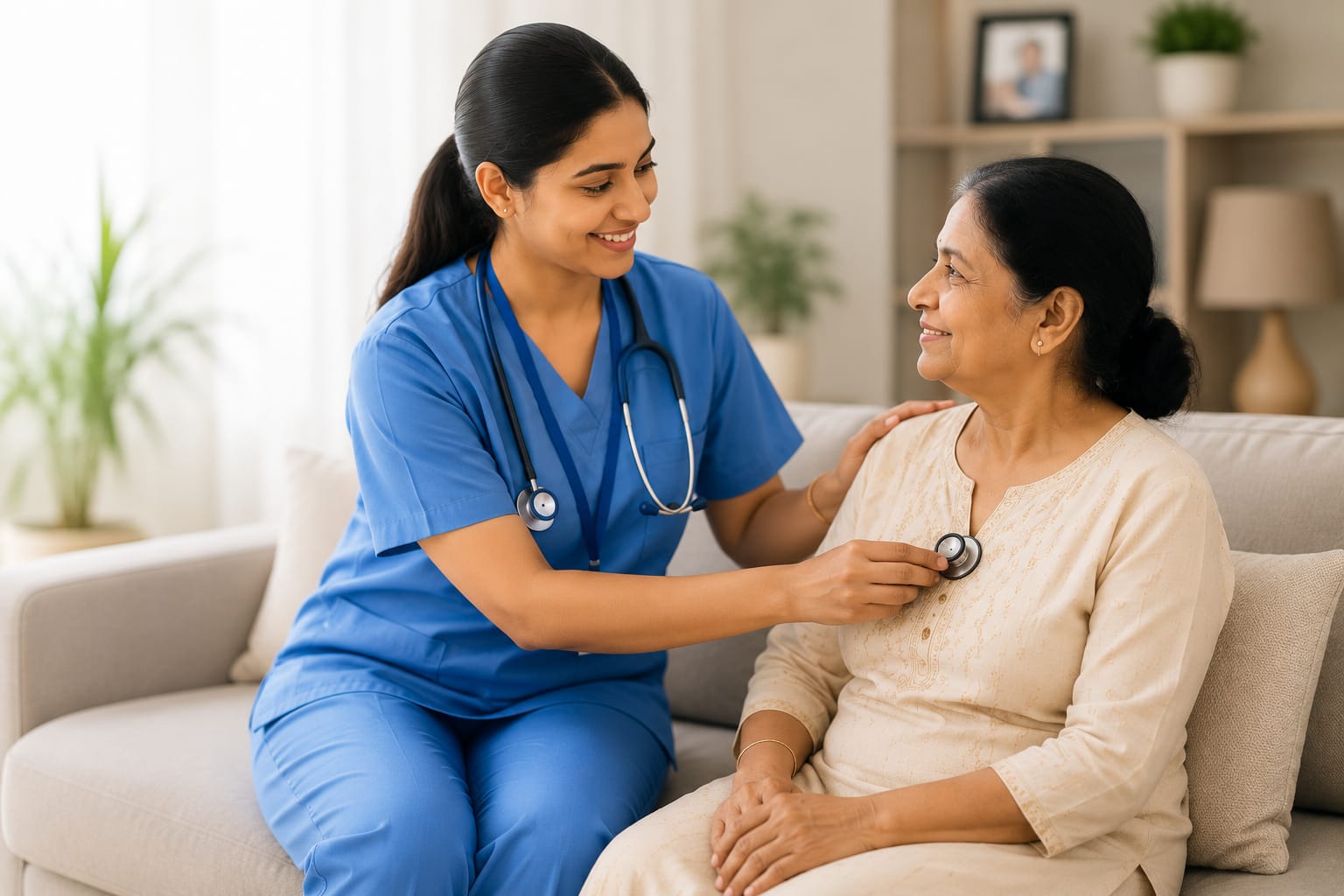 Indian nurse checking a senior patient with a stethoscope during a home visit
